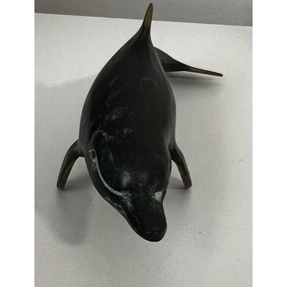 Vintage Cast Metal Bronze Turquoise Dolphin Sculpture 7” Decor - Picture 4 of 6